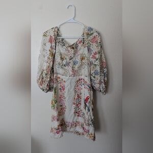 FARM Rio White Multicolor Floral & Parrot Lace-Trim Long Sleeve Dress